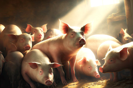 piglets gathered in heap in light warm pig factory6 at pig farm, created with generative aiの素材