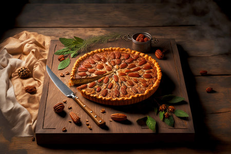 delicious pecan pie in shortbread dough on wooden table, created with generative aiの素材