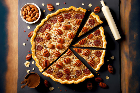 delicious caramel nut pecan pie in shape on table, created with generative aiの素材