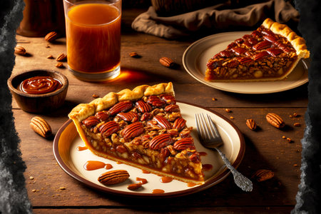 sweet crispy pecan pie with caramel baked for holidays, created with generative aiの素材