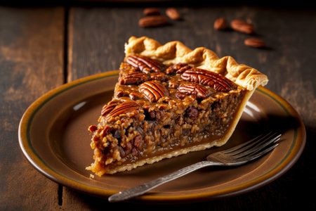 cut piece of homemade pecan pie with crust in caramel on plate on blurred background, created with generative aiの素材