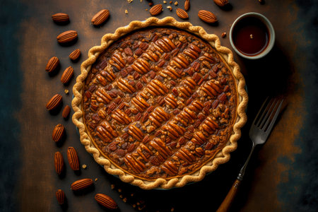 large pecan pie tart with nuts in shortbread dough on table, created with generative aiの素材