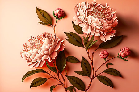 two branches with romantic peonies on pink background, created with generative aiの素材