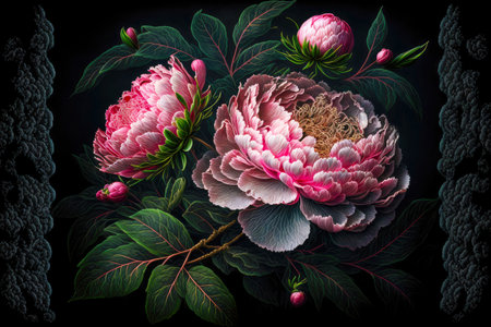blossoming openwork pink peonies on dark background, created with generative aiの素材