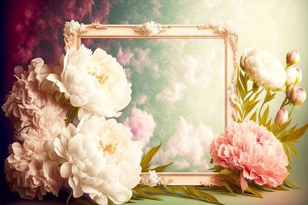 frame of lush white and pink peonies on blurred background, created with generative aiの素材