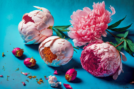 flowers buds and petals of pink peonies lying on table on blue background, created with generative aiの素材