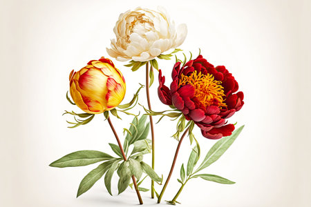 white-yellow-red flowers of peonies with buds and stems on white background, created with generative aiの素材
