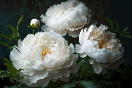 lush white peonies in bloom in garden, created with generative aiの素材