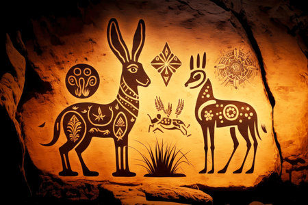 primitive animals petroglyphs indigenous art, created with generative aiの素材