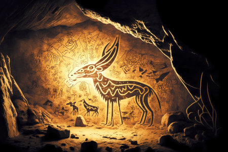 science fiction theme in petroglyphic cave drawing, created with generative aiの素材