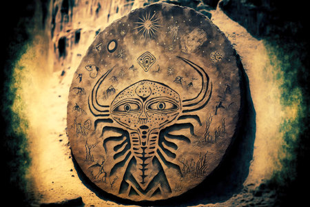 petroglyphic painting with alien ufo, created with generative aiの素材
