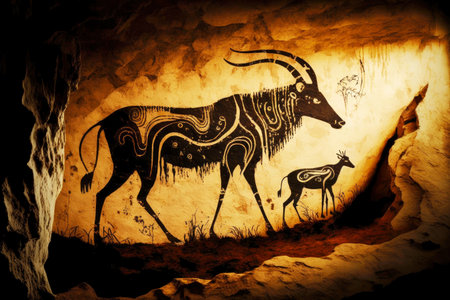 tribal cave painting of prehistoric human and animal, created with generative aiの素材