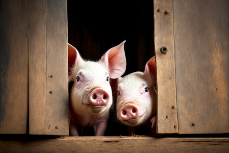 two pink domestic pigs peeking out of barn at pig farm, created with generative aiの素材
