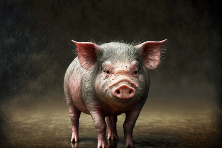 funny pig with grey skin on pig farm on grey background, created with generative aiの素材