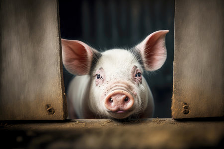 young pig peeks out of cage on pig farm, created with generative aiの素材