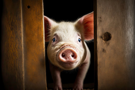 young pig peeks out of cage on pig farm, created with generative aiの素材