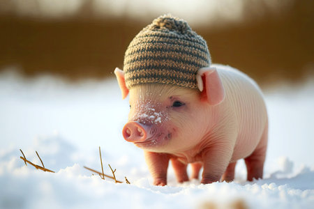cute baby pig in cap in snow at pig farm, created with generative aiの素材