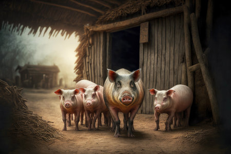 adult pigs and piglets walk near wooden pigsty at pig farm, created with generative aiの素材