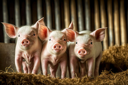 small pretty homemade piglets with gray ears on pig farm, created with generative aiの素材