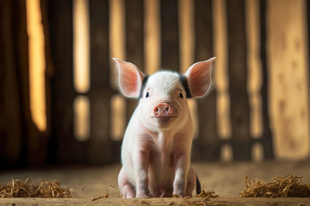 cute little piglet with splayed ears on livestock farm, created with generative aiの素材