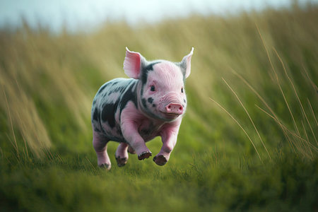 funny grey pink piglet running on grass on ranch, created with generative aiの素材