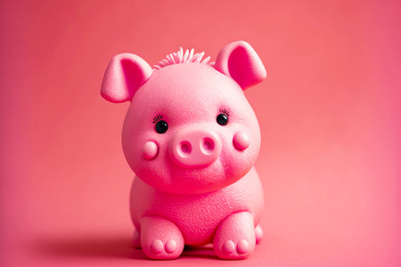 bright pink toy piglet with ponytail on pink background, created with generative aiの素材