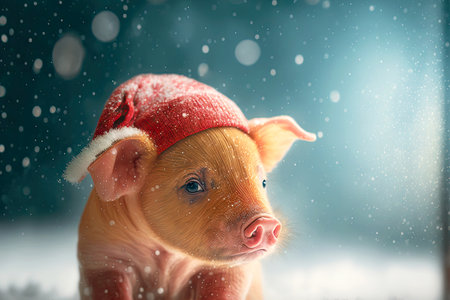 charming piglet in new years red cap against background of falling snow, created with generative aiの素材