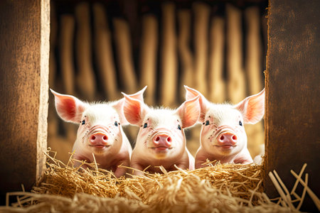 three funny piglet hiding in hay in farm barn, created with generative aiの素材