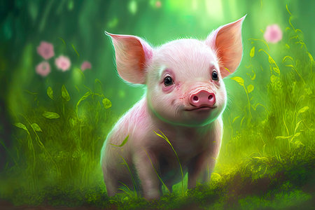 cute piglet stomped his pink ears in green clearing, created with generative aiの素材