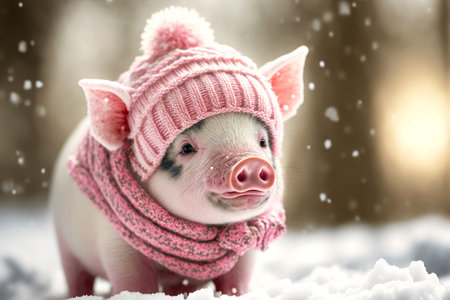 cute piglet in pink knitted hat and scarf in snow, created with generative aiの素材