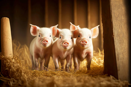 three cute little piglet stand on hay in village barn, created with generative aiの素材