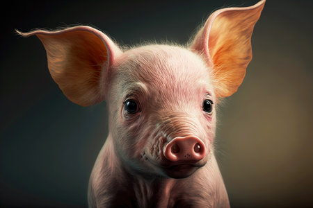 pink piglet with large ears on gray background, created with generative aiの素材