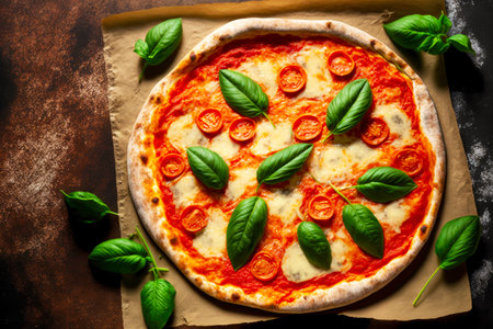 homemade pizza on thin dough with rich tomato sauce and basil leaves on top, created with generative aiの素材