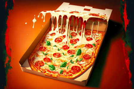 delicious delivery pizza with tomato sauce and melted cheese, created with generative aiの素材