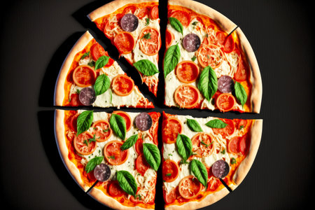 sliced thin italian pizza with vegetable filling isolated on black background, created with generative aiの素材