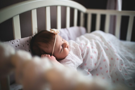 shot of an adorable baby girl sleeping in a crib, created with generative aiの素材
