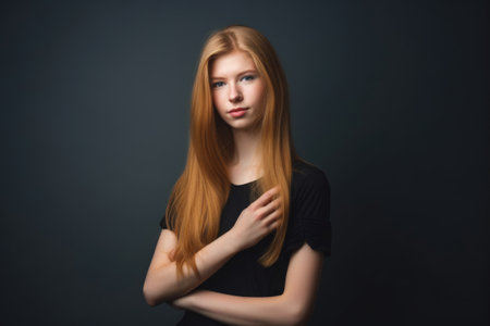a pretty young woman standing in studio against a gray background with her hand on her hip, created with generative aiの素材