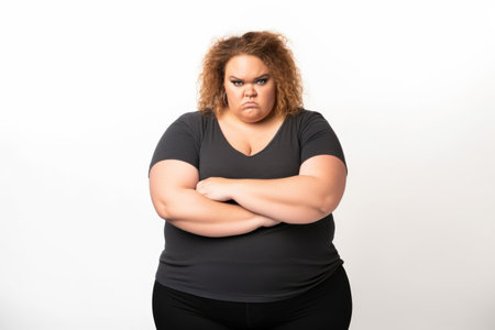 an angry plus size woman standing with her arms crossed over a white background, created with generative aiの素材