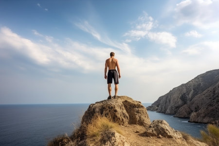 fitness, man and workout on mountain for fitness, exercise and sports training by the sea, created with generative aiの素材