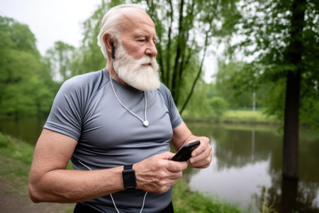 senior man, watch and phone for time at park with workout app in nature, created with generative aiの素材