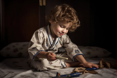 a little boy dressed in his pyjamas playing with his model plane, created with generative aiの素材