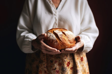 cropped shot of an unrecognizable woman holding a loaf of bread, created with generative aiの素材