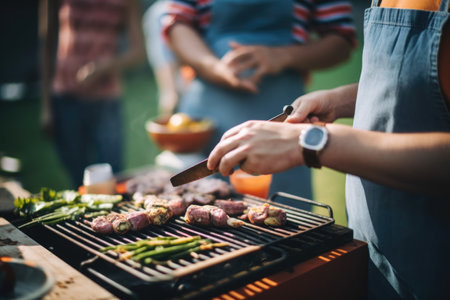 cropped shot of a couple preparing food on a barbecue, created with generative aiの素材
