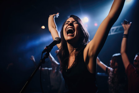shot of an attractive woman cheering during a music concert, created with generative aiの素材