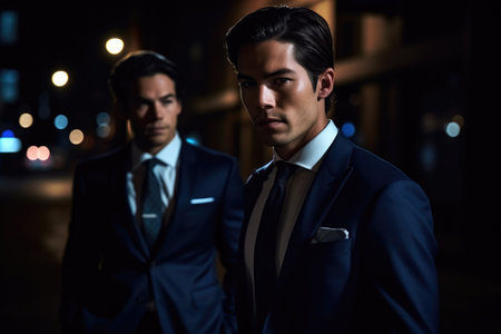 shot of a handsome young businessman out at night with his companion, created with generative aiの素材