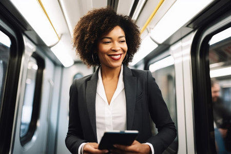 shot of a smiling businesswoman using her digital tablet while commuting to work, created with generative aiの素材