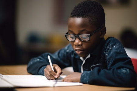 education, back and learning with a black boy doing homework in class at school while on break, created with generative aiの素材