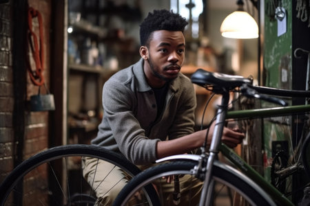 shot of a young man looking at a bicycle in his repair shop, created with generative aiの素材
