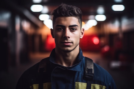 portrait of a young firefighter standing inside a fire station, created with generative aiの素材