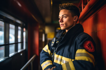 portrait of a young firefighter standing inside a fire station, created with generative aiの素材